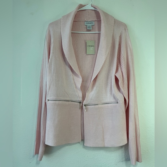 CARMEN MARC VALVO NWT Women’s Light Pink Sweater Cardigan XL Zipper Faux Pocket - Picture 3 of 15